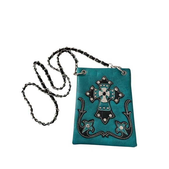 Turquoise Haven Handbags - Y2K Western Turquoise Rhinestone Glam Crossbody Bag‎ Cowgirl Biker Chic Purse